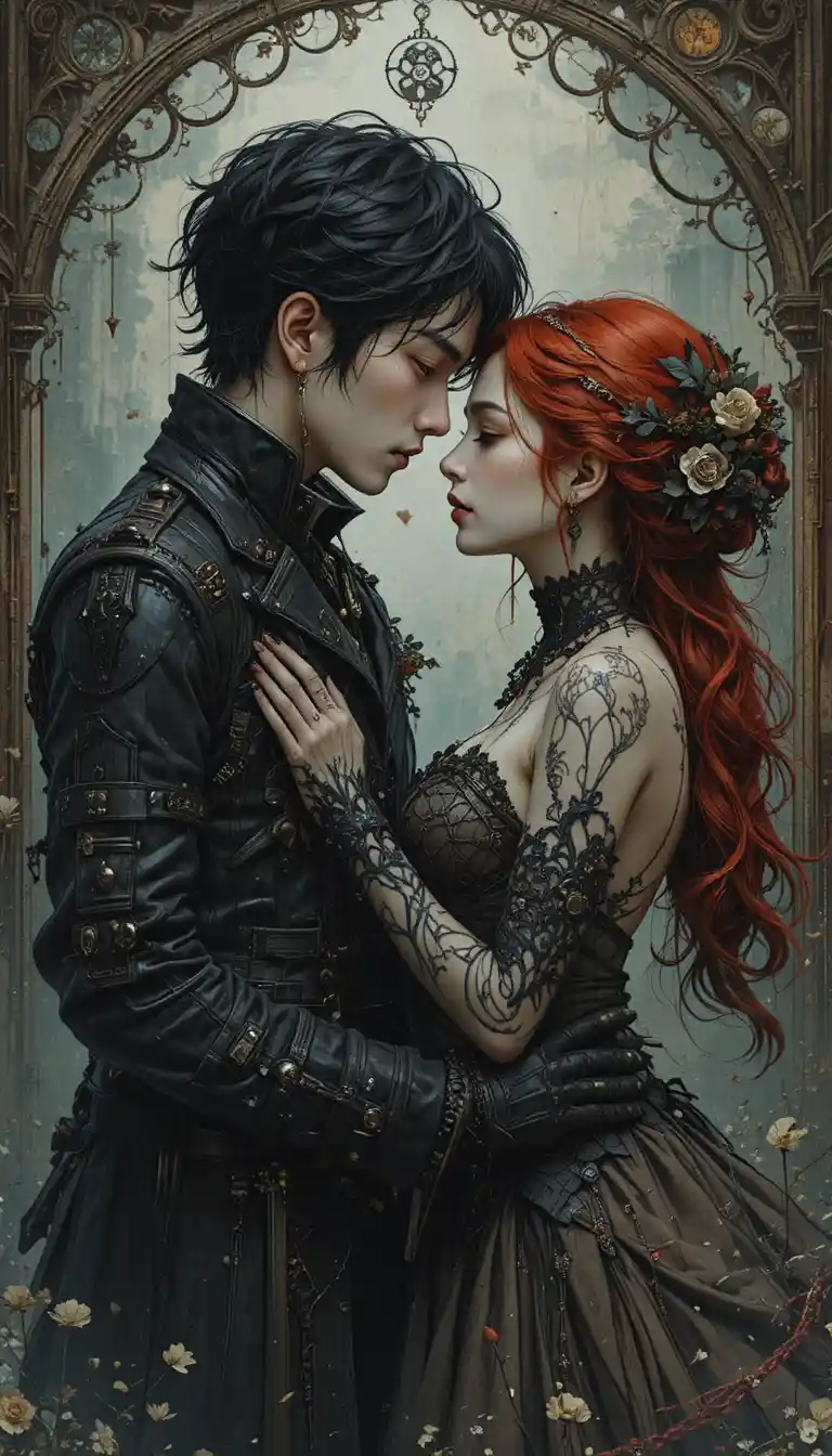 Romantic goth woman and steampunk man in gothic city