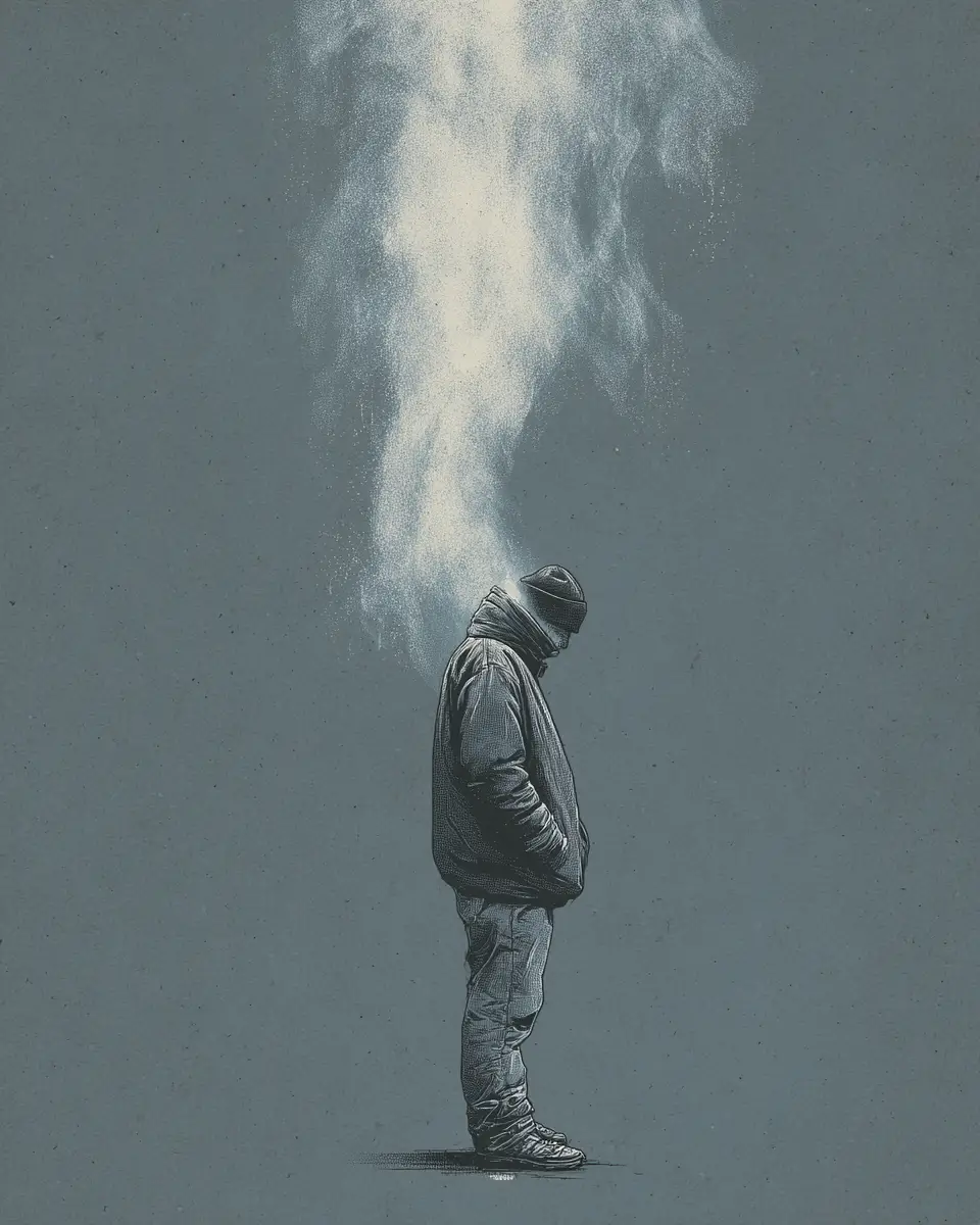 Figura solitaria respirando el aire frío de invierno – ilustración minimalista