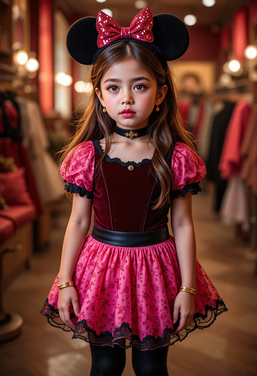 Menino nervoso em roupa inspirada na Minnie nos bastidores da boutique