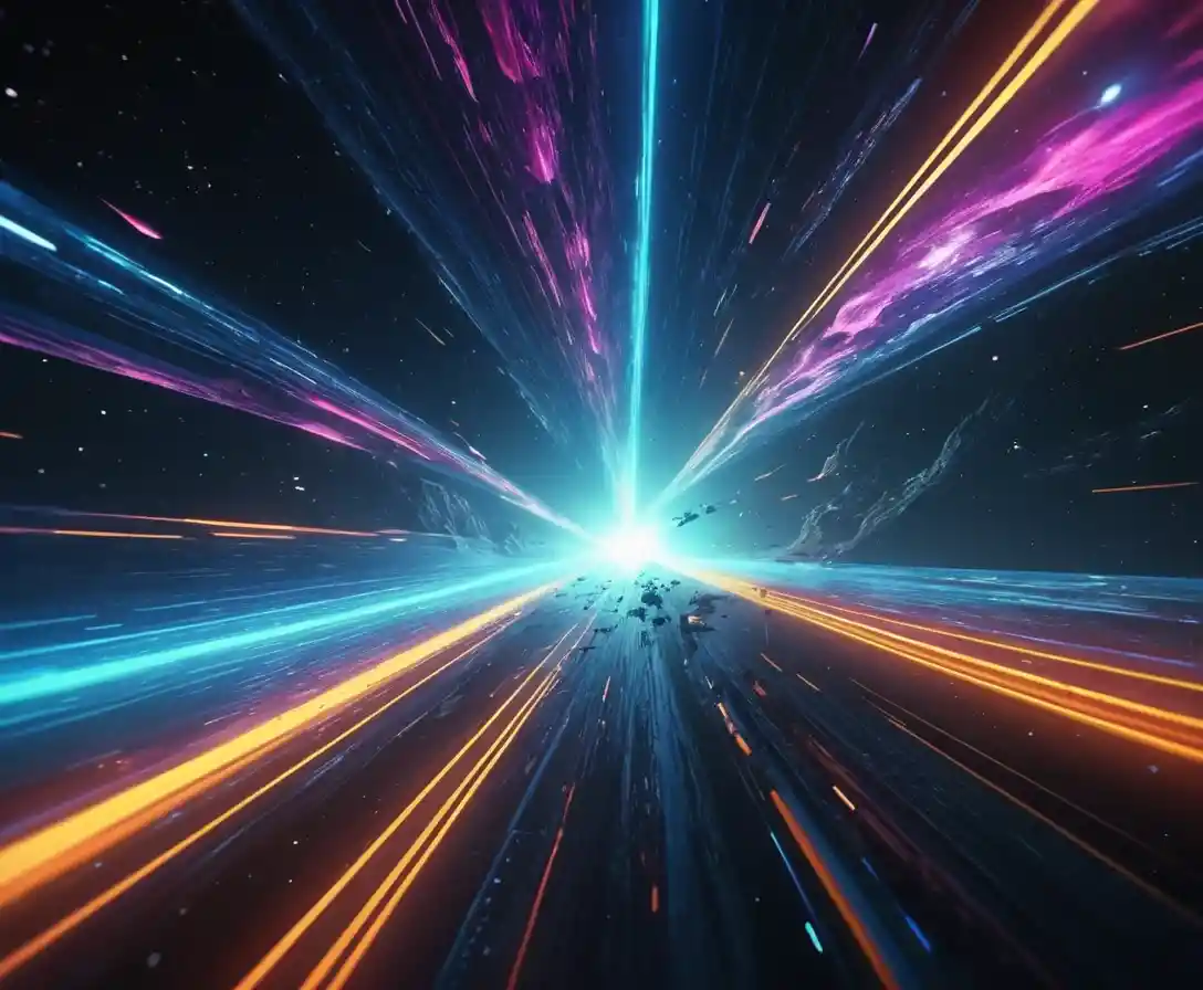 Sci‑Fi‑Warp-Sprung mit vorbeiziehenden Sternen und leuchtenden Wellen