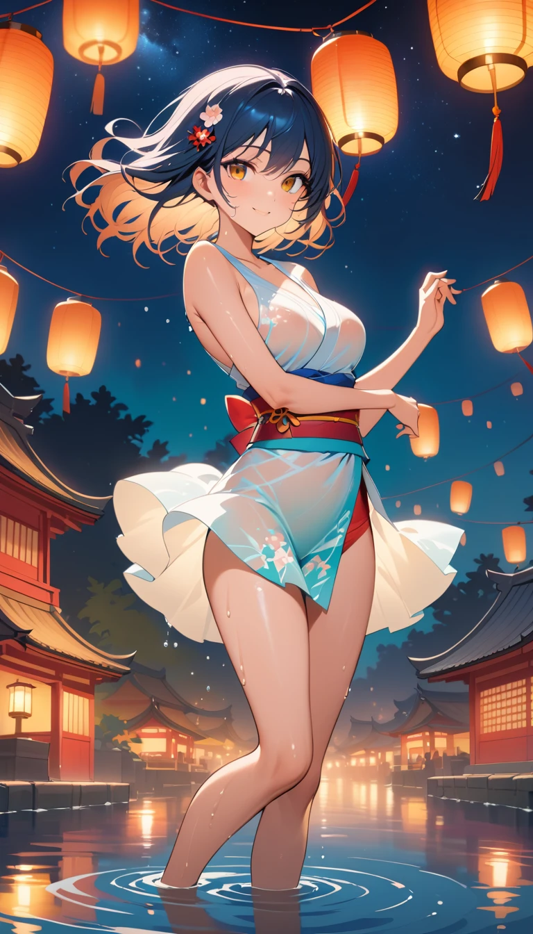 Anime woman dancing in a lantern lit river at night