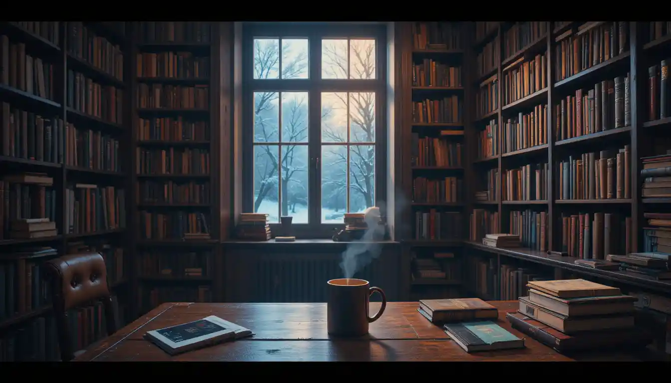 Bureau chaleureux avec tasse de café et neige derrière la fenêtre