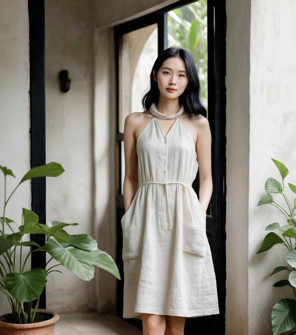 Femme vietnamienne en robe de lin dans une pièce minimaliste aux murs de terre
