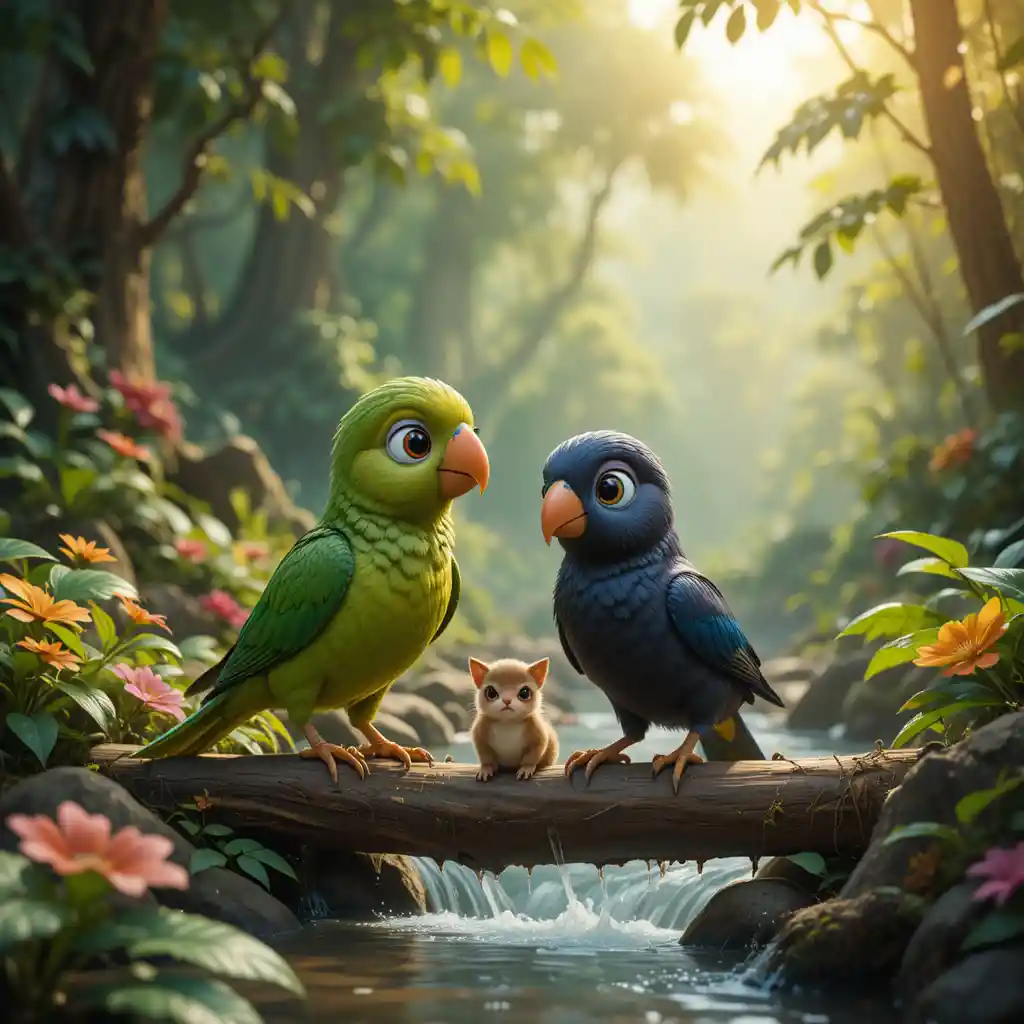 Perroquet Coloré et Merle Mynah dans une Jungle Ensoleillée