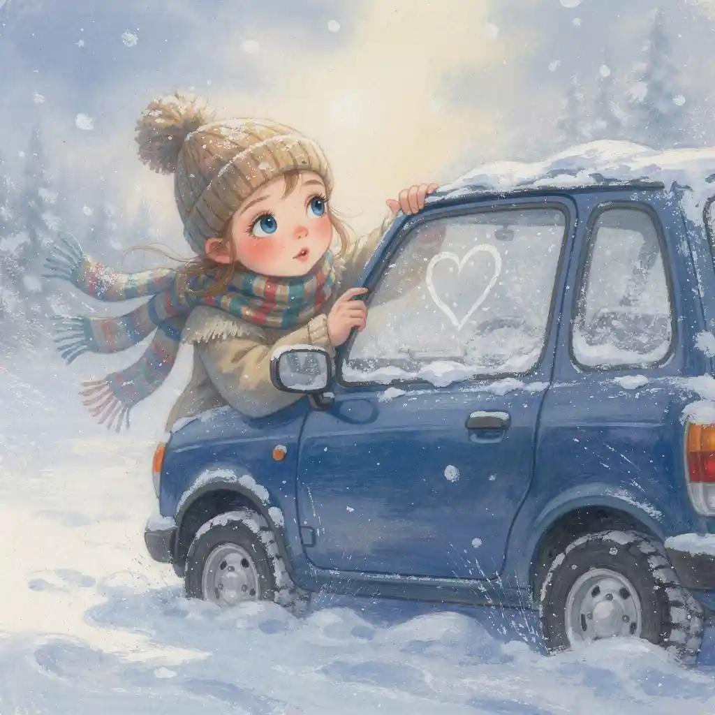女孩在積雪的車窗上畫愛心