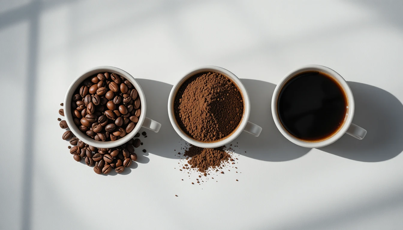 ミニマルな上から見た3つの白いコーヒーカップの列