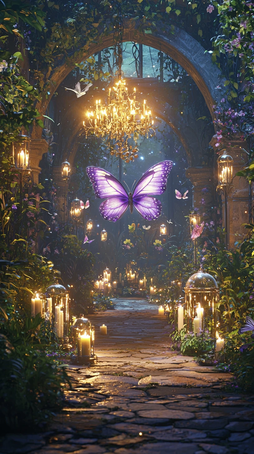 Jardim encantado à luz de velas com borboleta roxa brilhante
