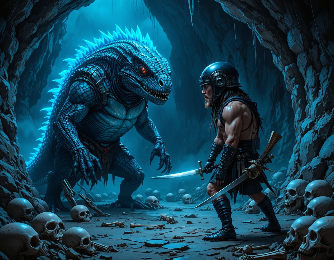 Armored gladiator confronting a towering blue scaled beast