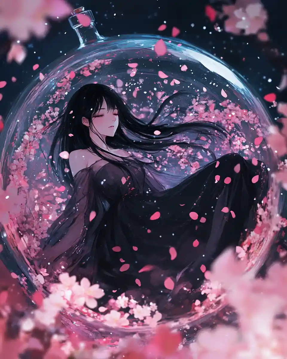 櫻花天空中的玻璃瓶裡的動漫女子