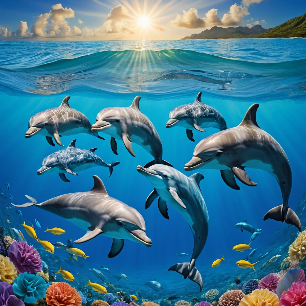 Allegra famiglia di delfini che nuota in un oceano colorato