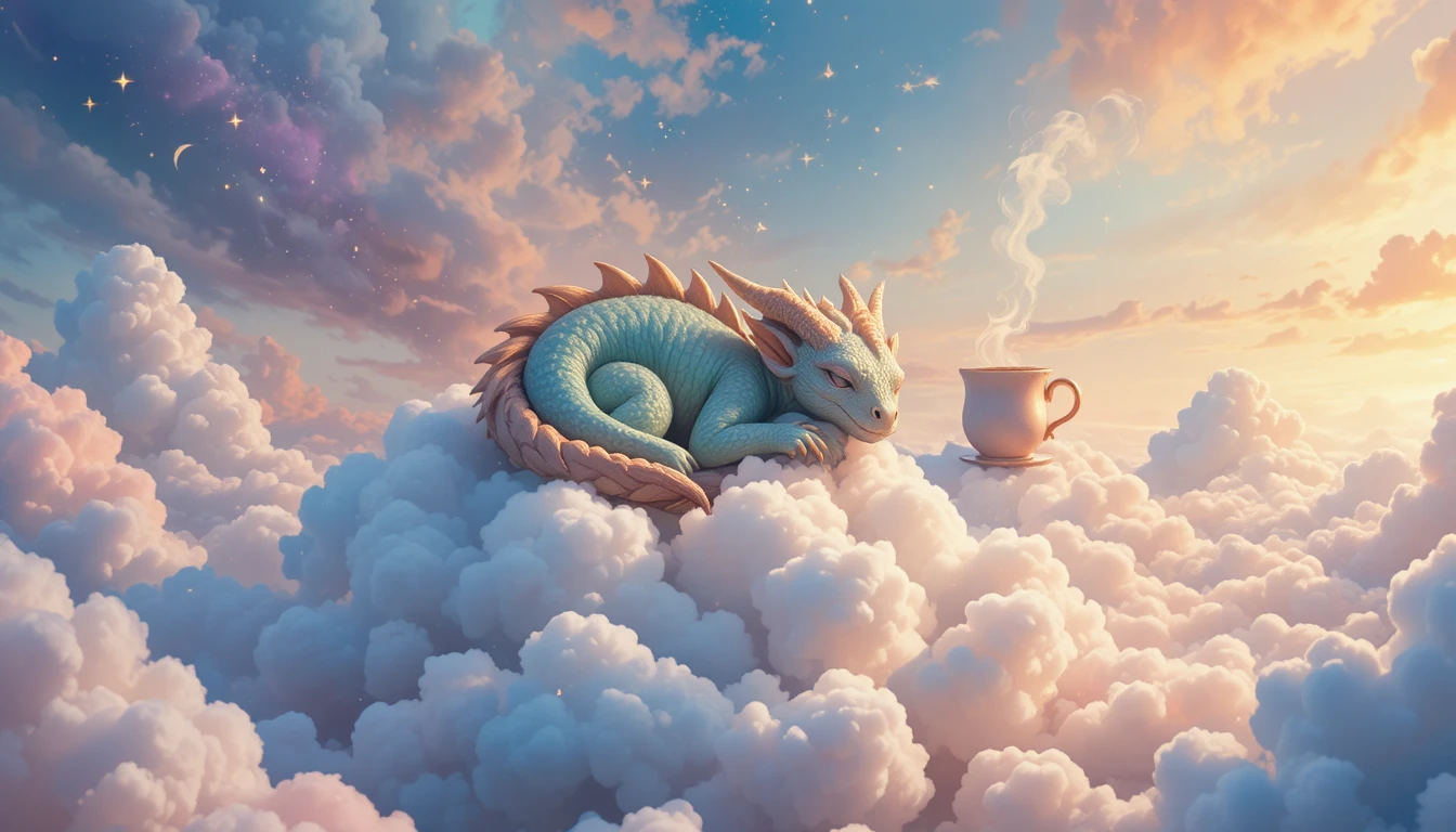 Sleeping baby dragon resting on soft cloud pillows