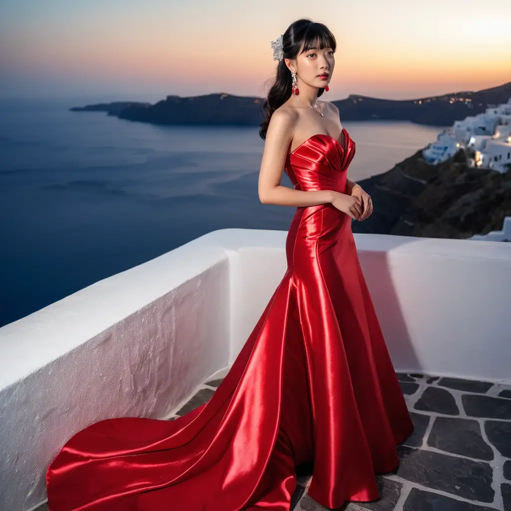 Jovem mulher em vestido longo de cetim vermelho à noite em Santorini