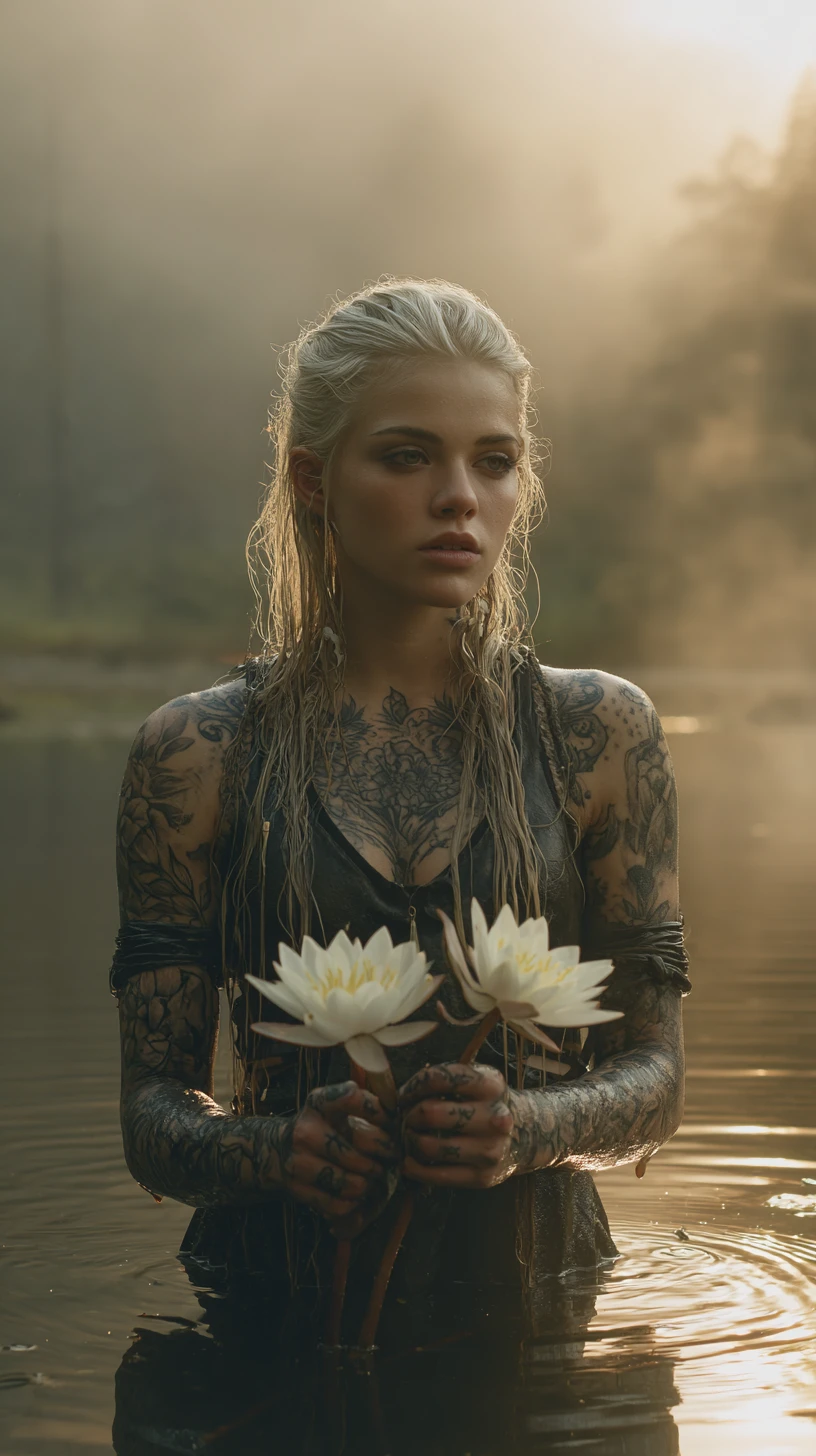 Mujer rubia tatuada en un lago brumoso al amanecer sosteniendo lirios