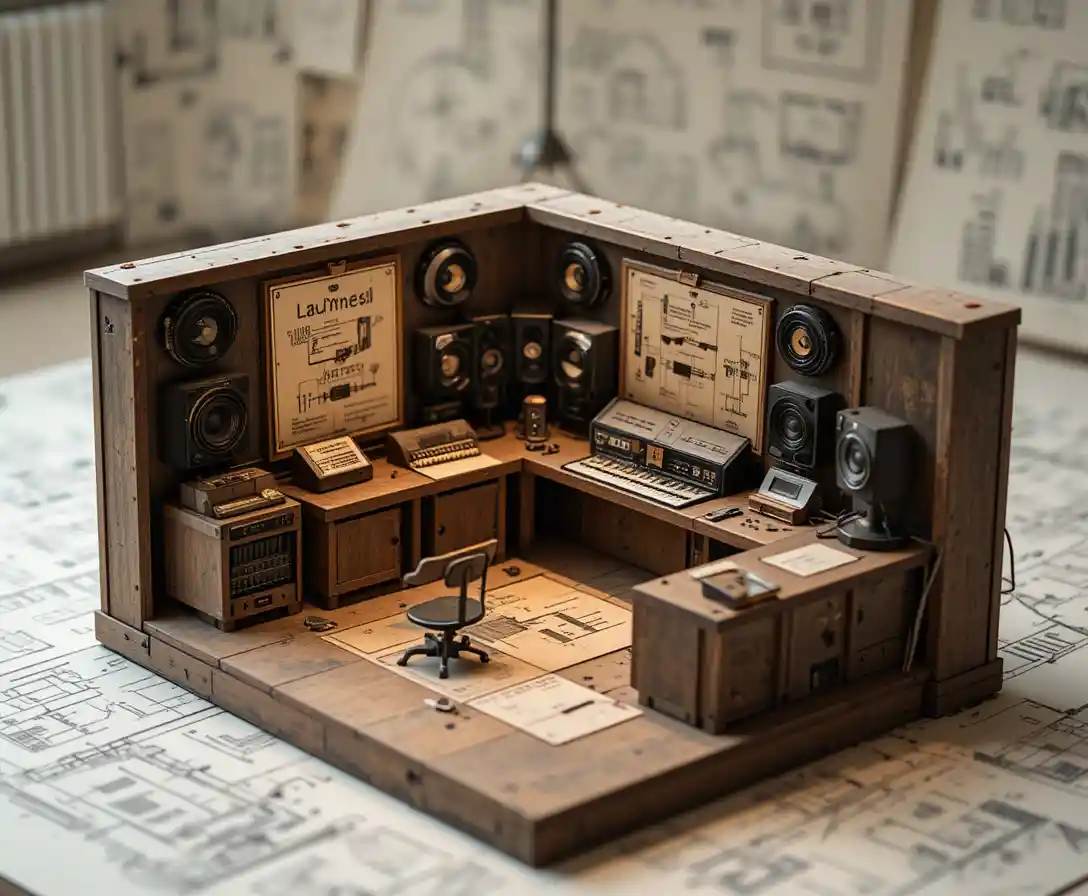 Miniatur-Akustiklabor-Modell mit technischen Schemata