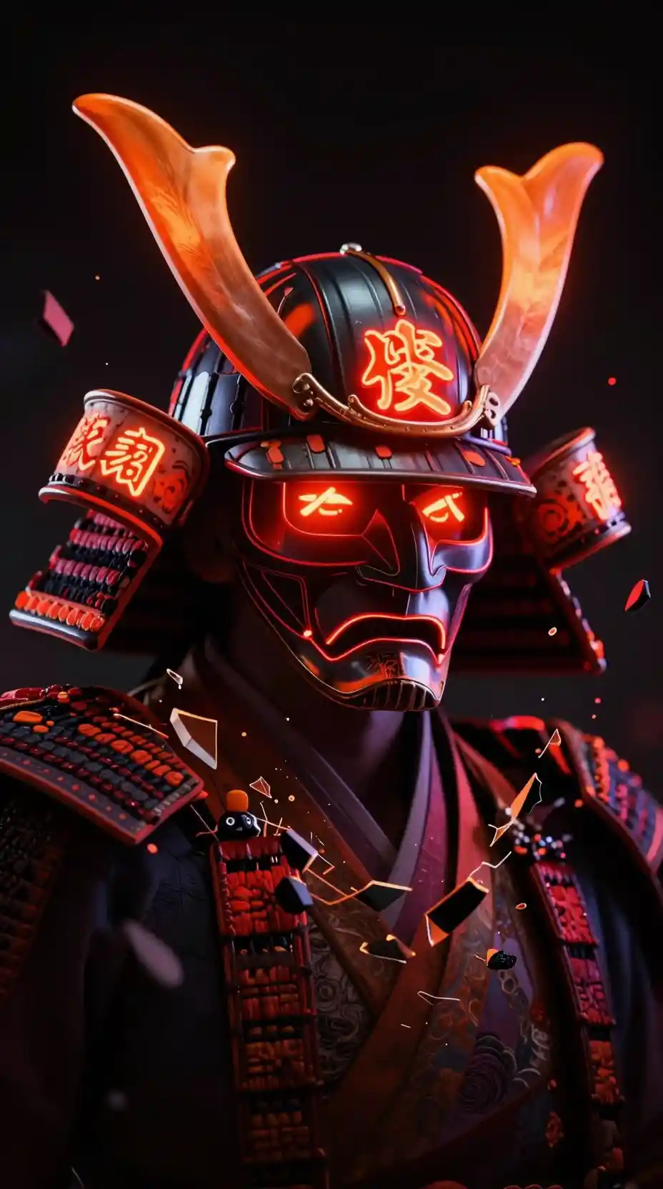Samurai helmet with neon horns bursting from a dark void