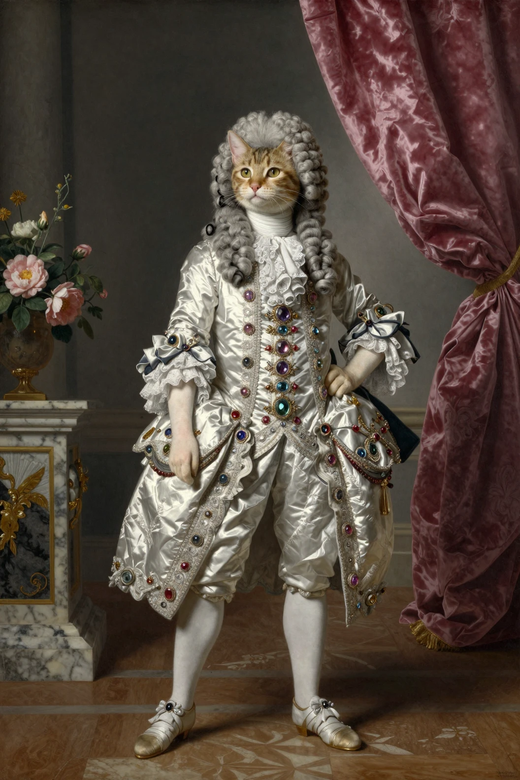 Regal anthropomorphic cat in rococo court portrait