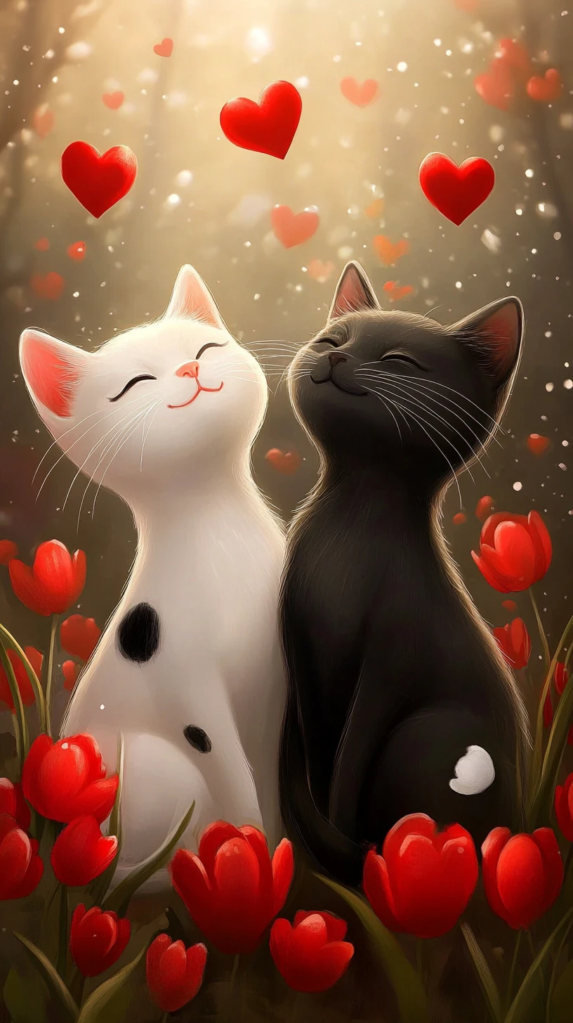 Gatti fantasy sorridenti tra tulipani rossi in un villaggio a pois