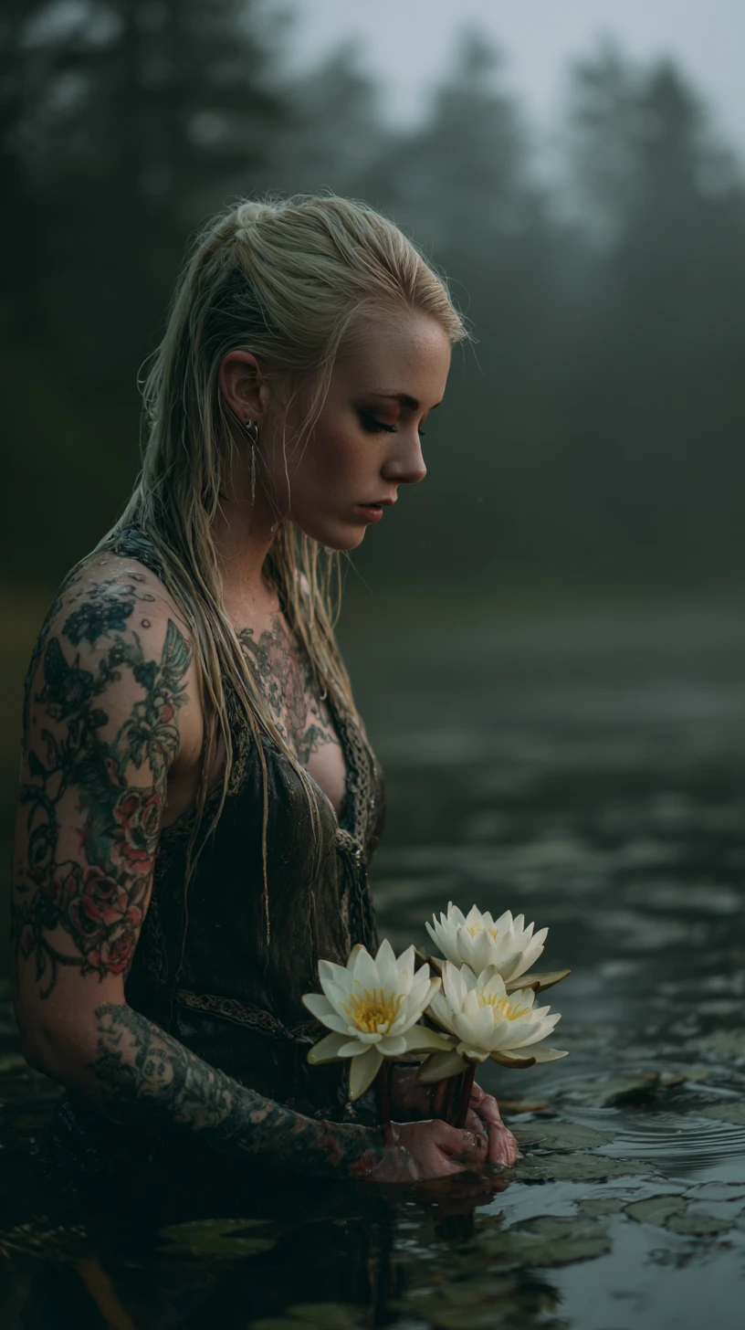 Mulher loira tatuada em pé em um lago enevoado ao nascer do sol