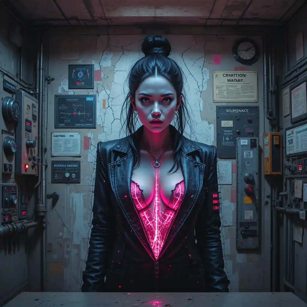 Cyber-Femme-Fatale-Wandbild in einem verlassenen Kontrollraum