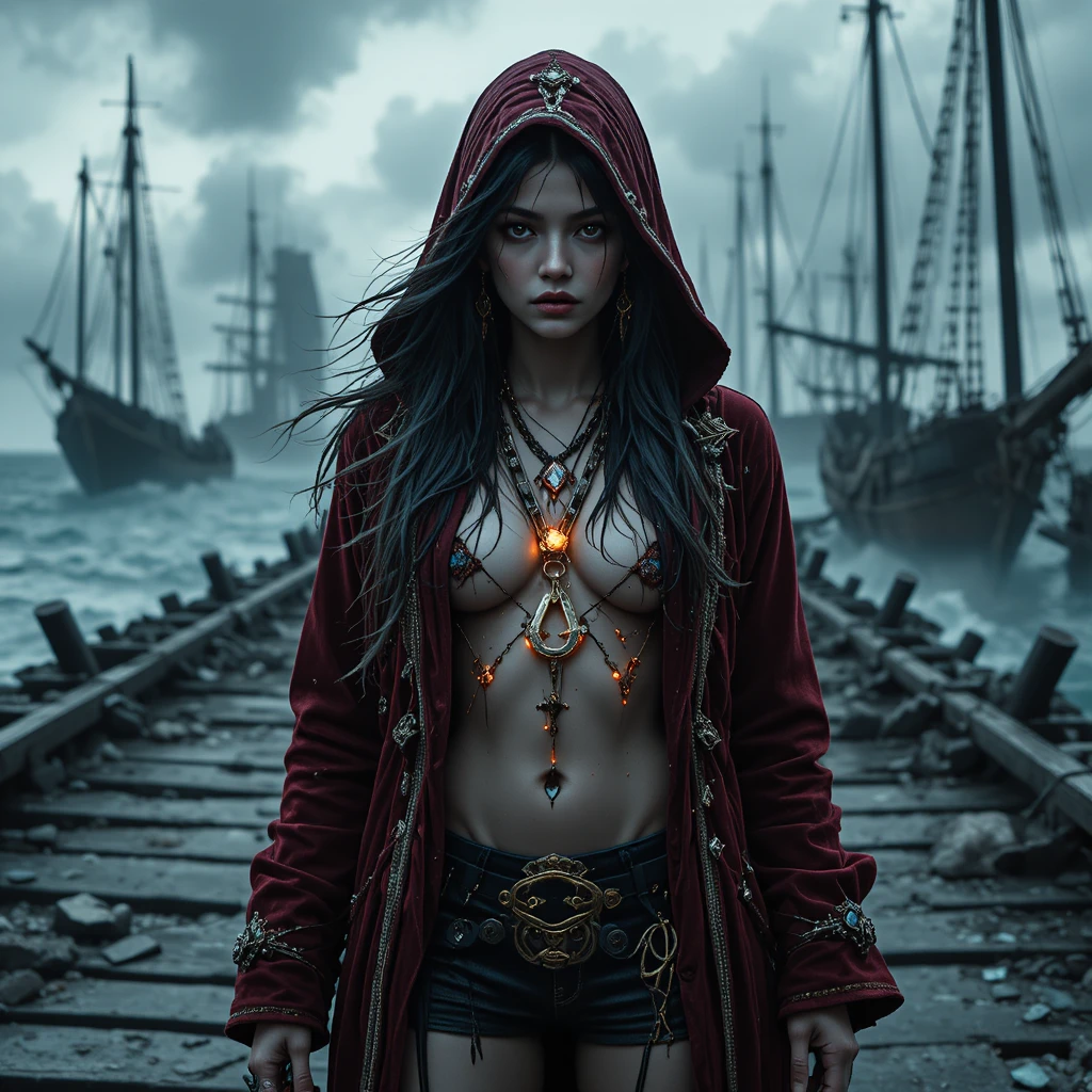 Pirati donna cyberpunk su molo caraibico in tempesta all'alba