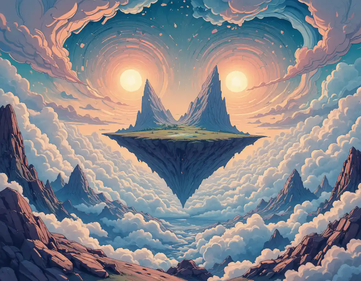 Surreal Cosmic Landscape With Floating Islands And Twin Suns