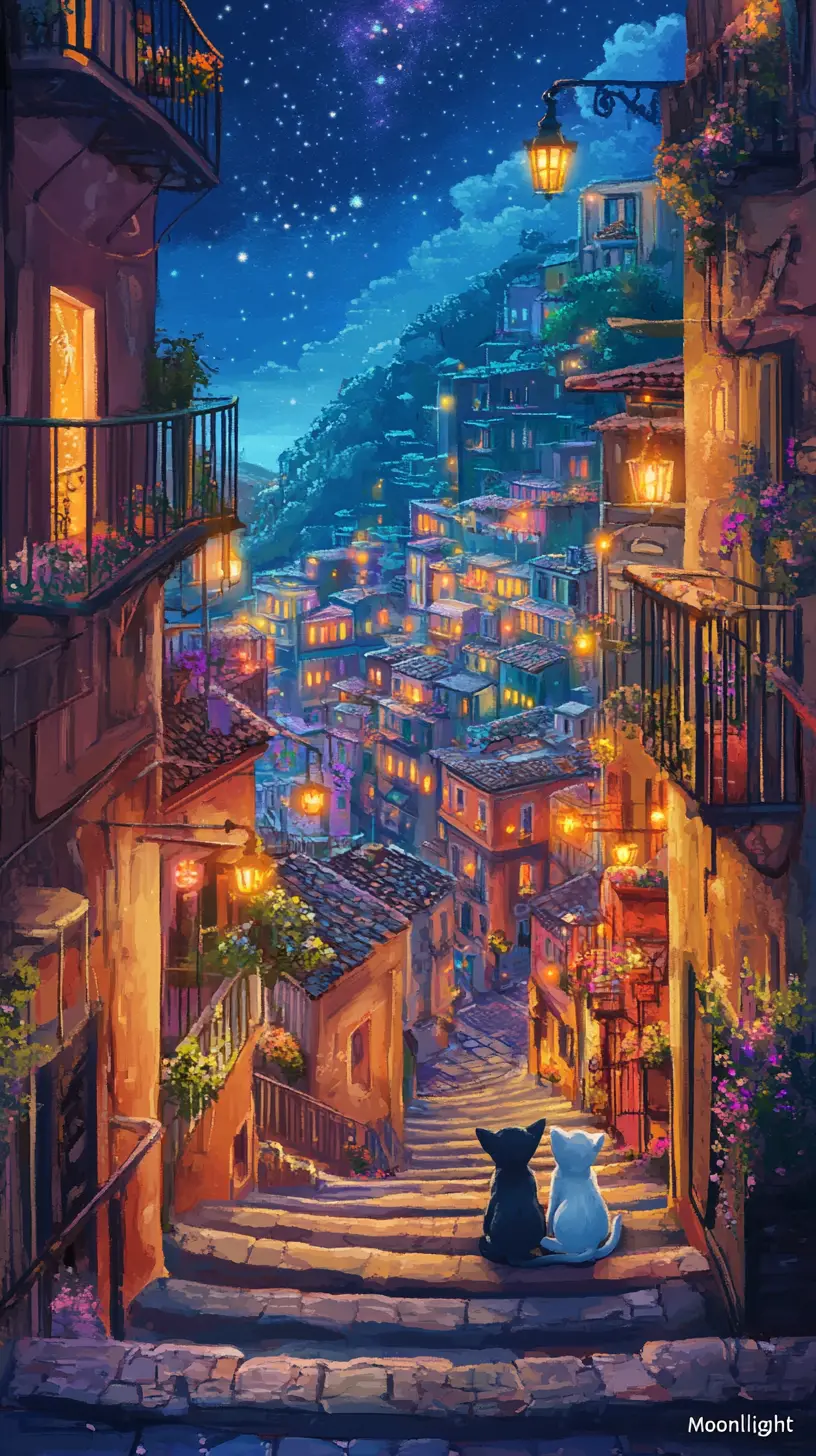 Bunte Bergstadt bei Nacht mit Katze und Hund