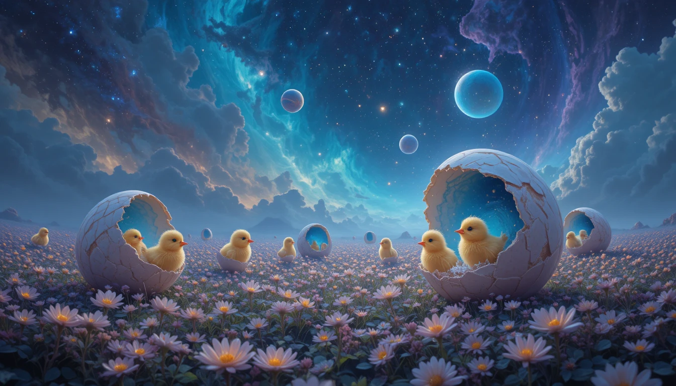 Tiny chicks hatching from crystal eggs in glowing flowers