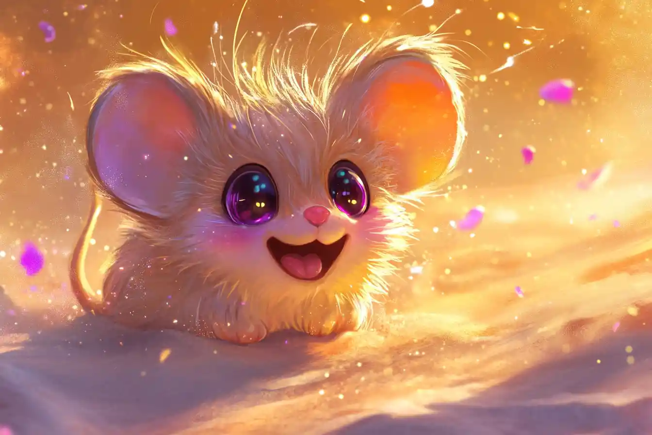 Rato chibi alegre rolando na areia cintilante do deserto