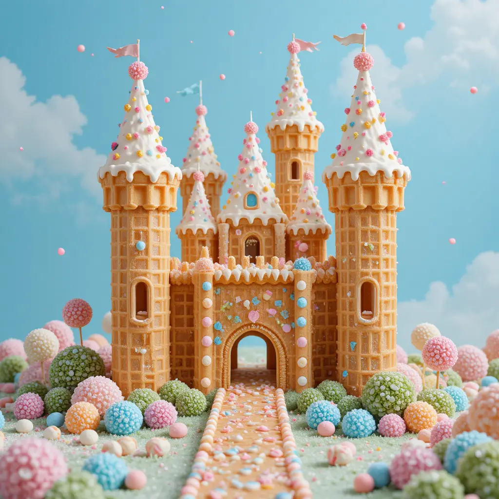 Château de Gaufres Fantaisiste dans un Paysage de Bonbons Pastel