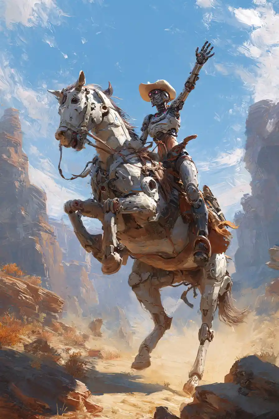 Cyborg cowgirl riding a rearing horse in desert dust