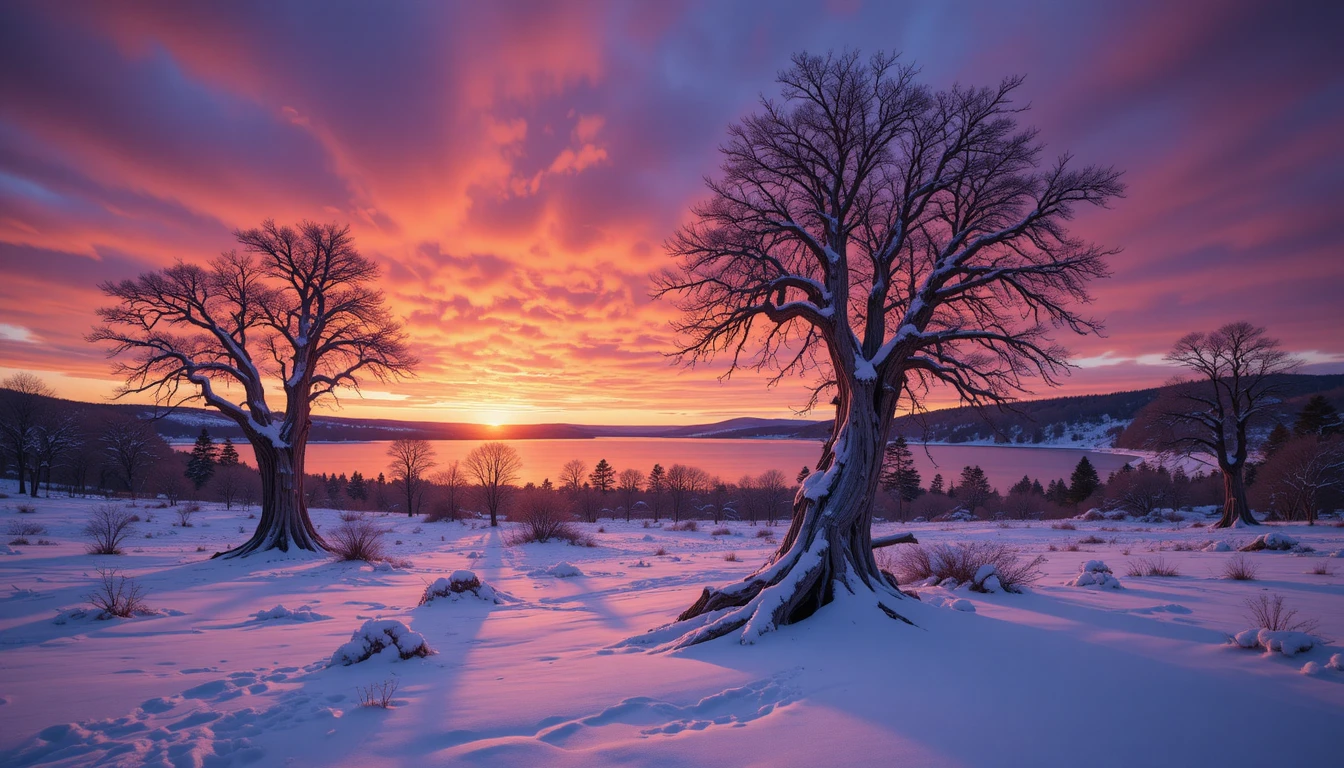 Coucher de soleil sur des arbres enneigés et un lac lointain réfléchissant