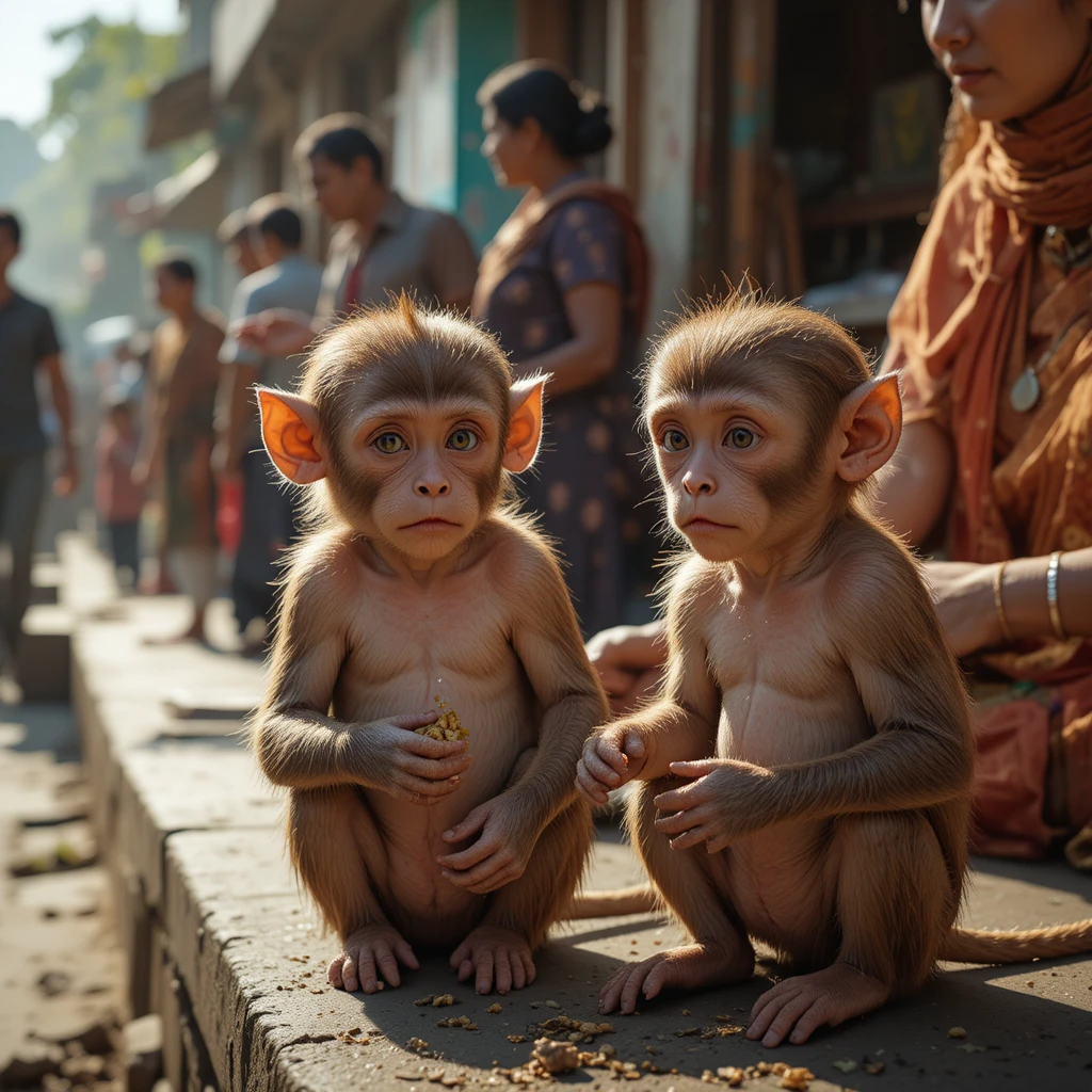 インドの都市の通りで2匹の赤ちゃんザルに餌をあげる女性