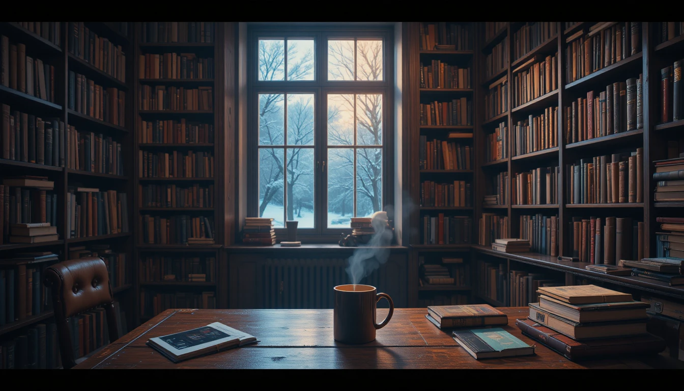 Bureau chaleureux avec tasse de café et neige derrière la fenêtre