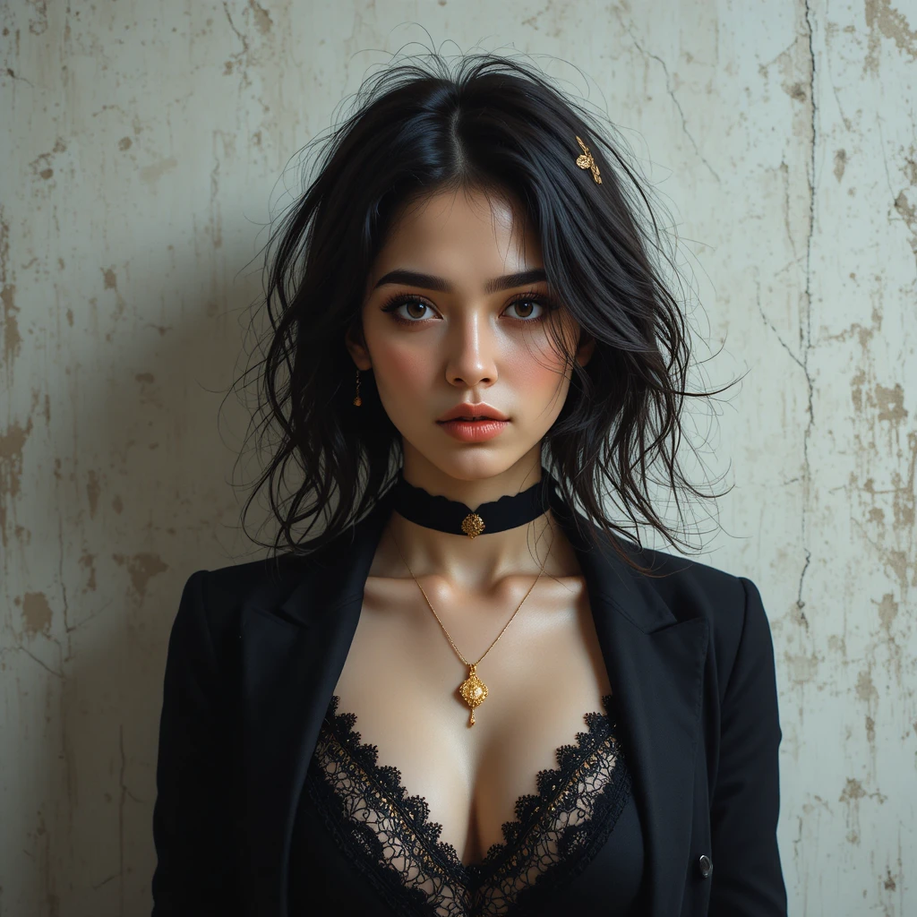 Young woman portrait against textured off white wall