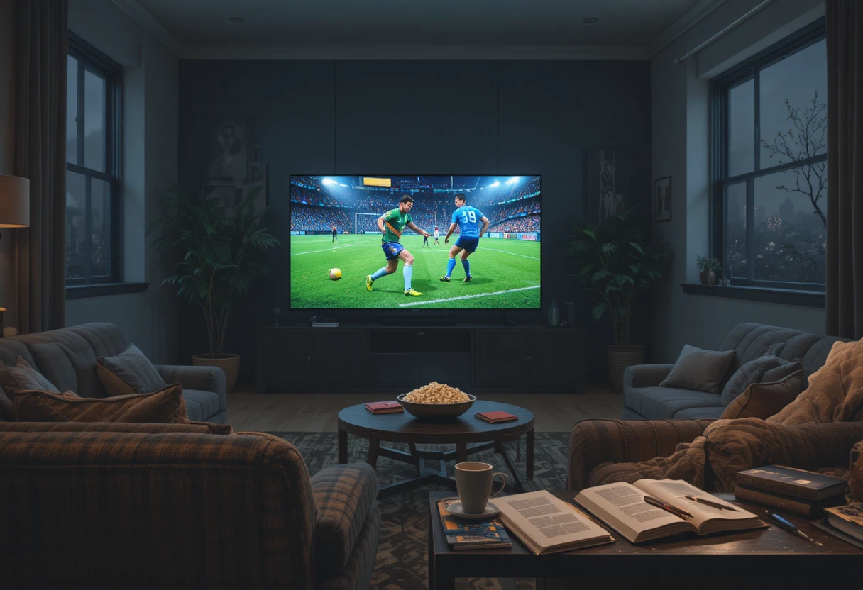 Sala de estar aconchegante com sofá de frente para a TV iluminada