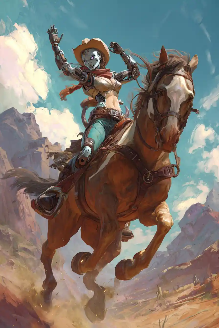 Cyborg-Cowgirl reitet ein sich aufbäumendes Pferd im Wüstensand