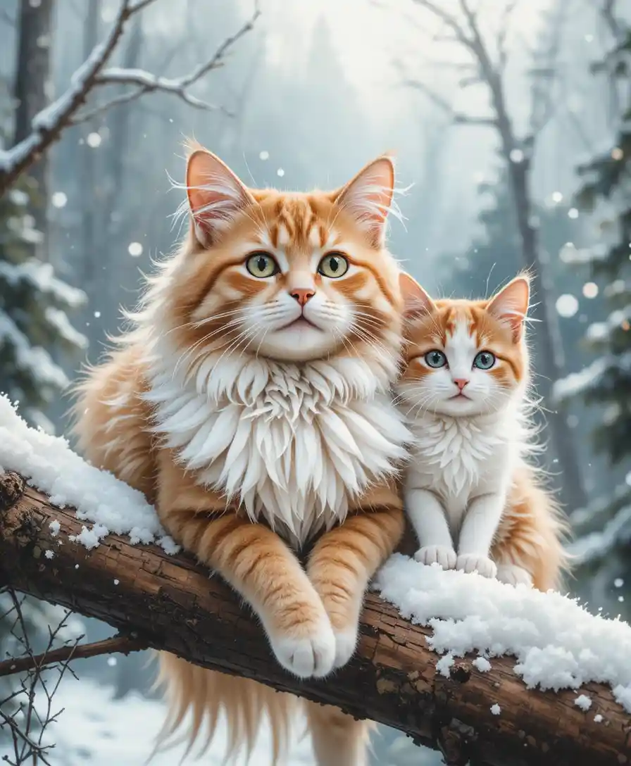 Gato pelirrojo sonriente en rama de pino en escena nevada en acuarela