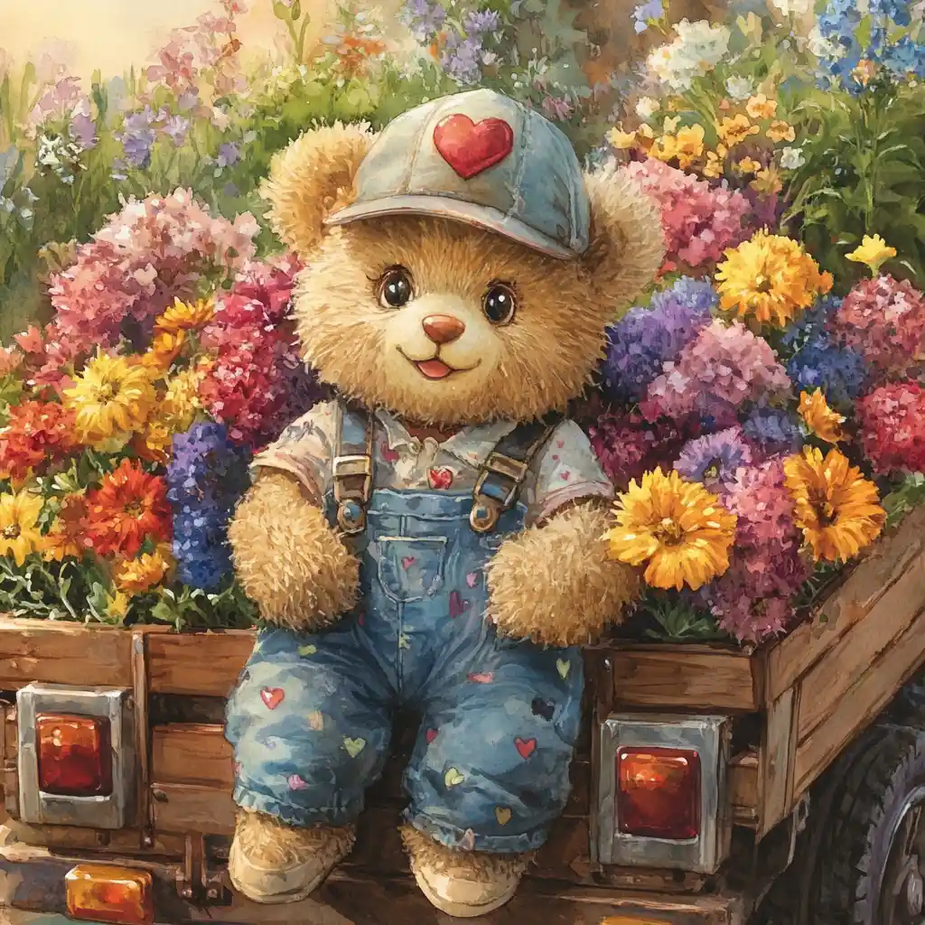Illustrazione di tenero orsacchiotto che guida un camion pieno di fiori