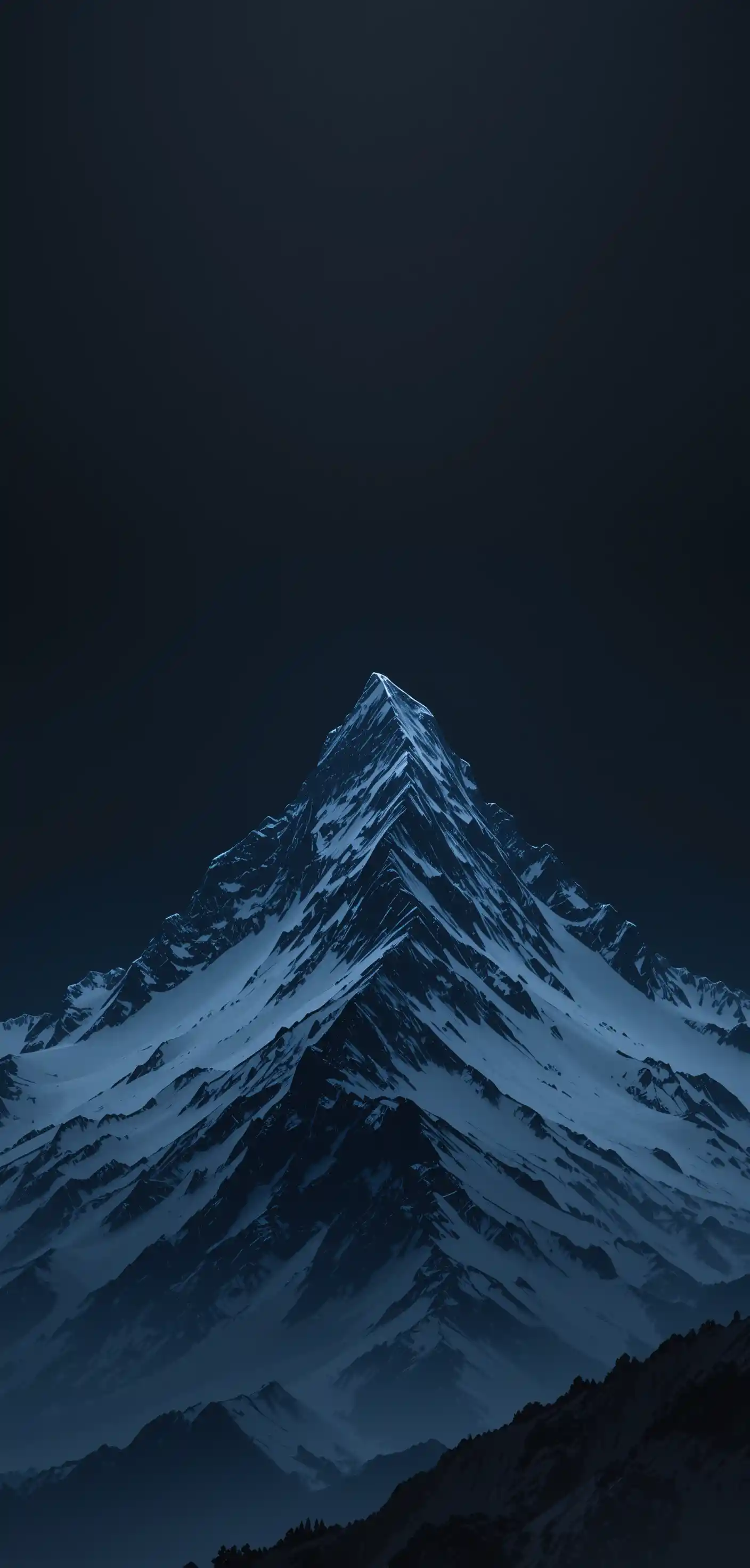Pico de montanha escura surgindo de um céu noturno minimalista
