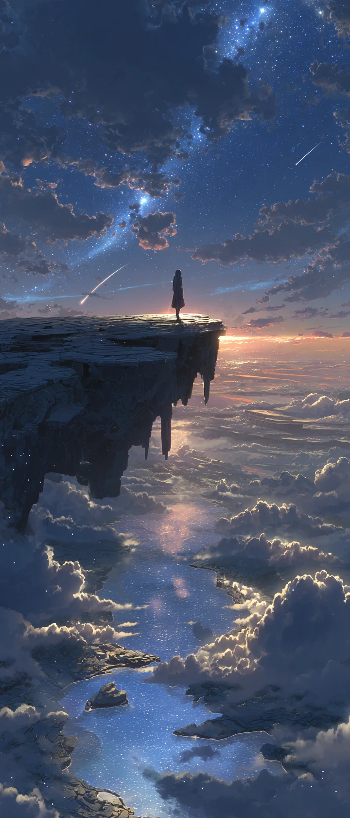 Lone wanderer on floating ruins in a vast cosmic sky