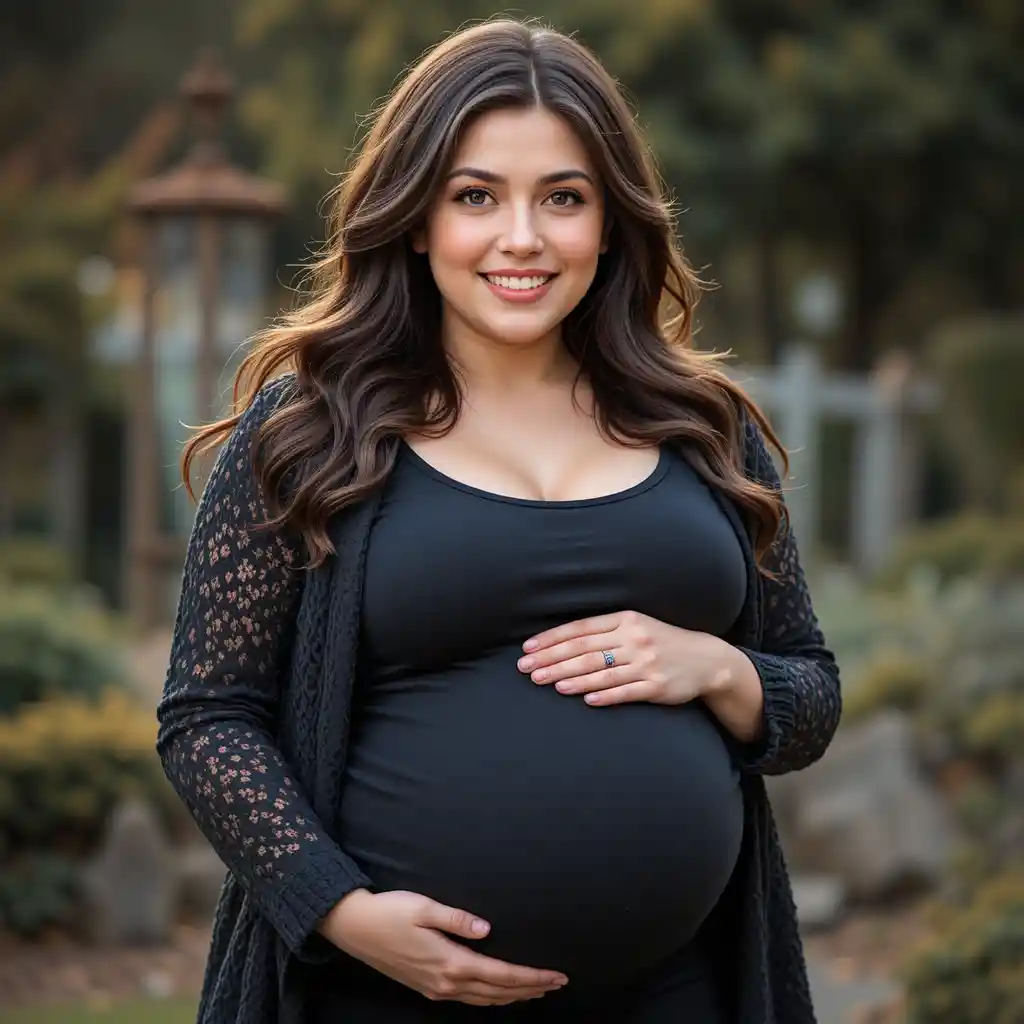 Loving young mother cradling her large pregnant belly outdoors