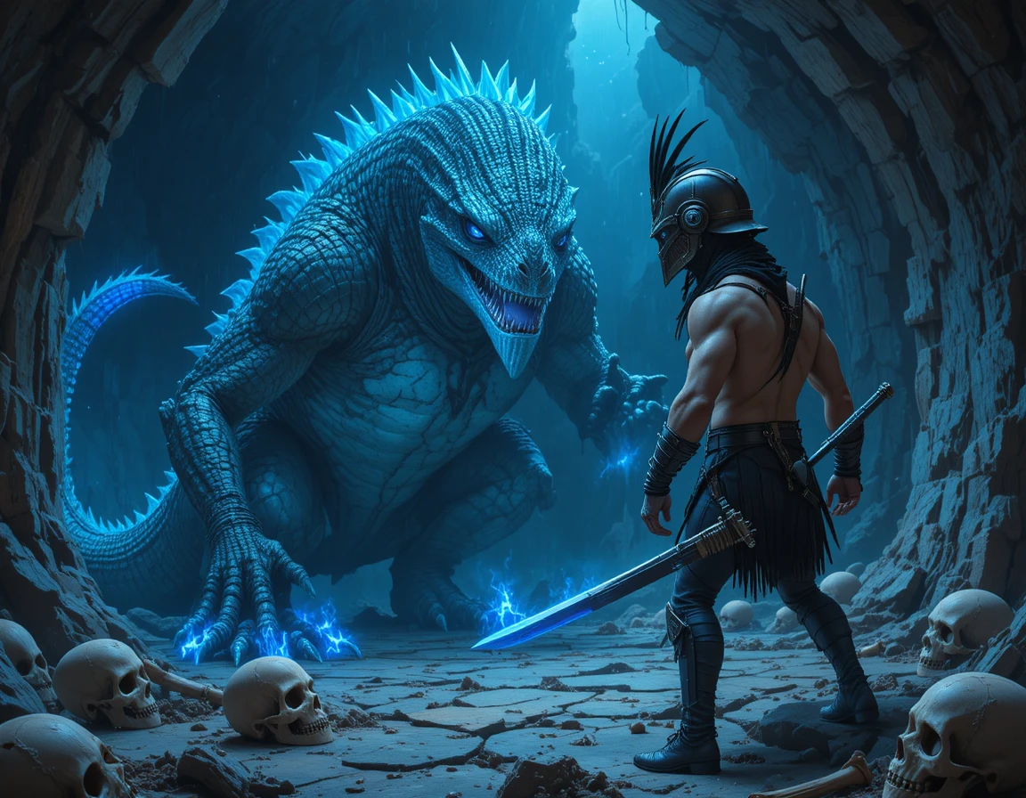 Armored gladiator confronting glowing lizard beast in cavern