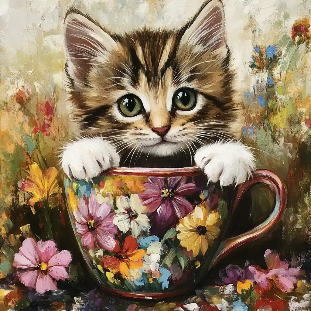 Playful tabby kitten in a colorful floral coffee cup