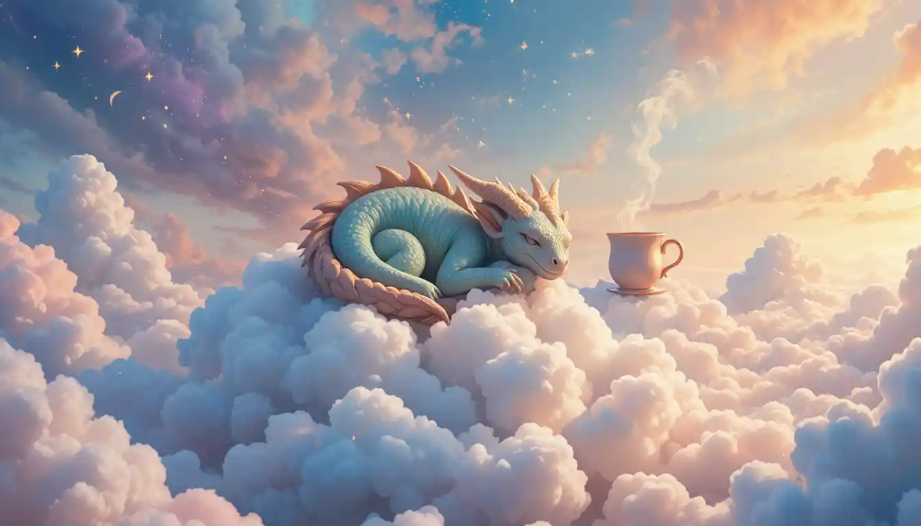 睡在柔軟雲朵枕上的寶寶小龍
