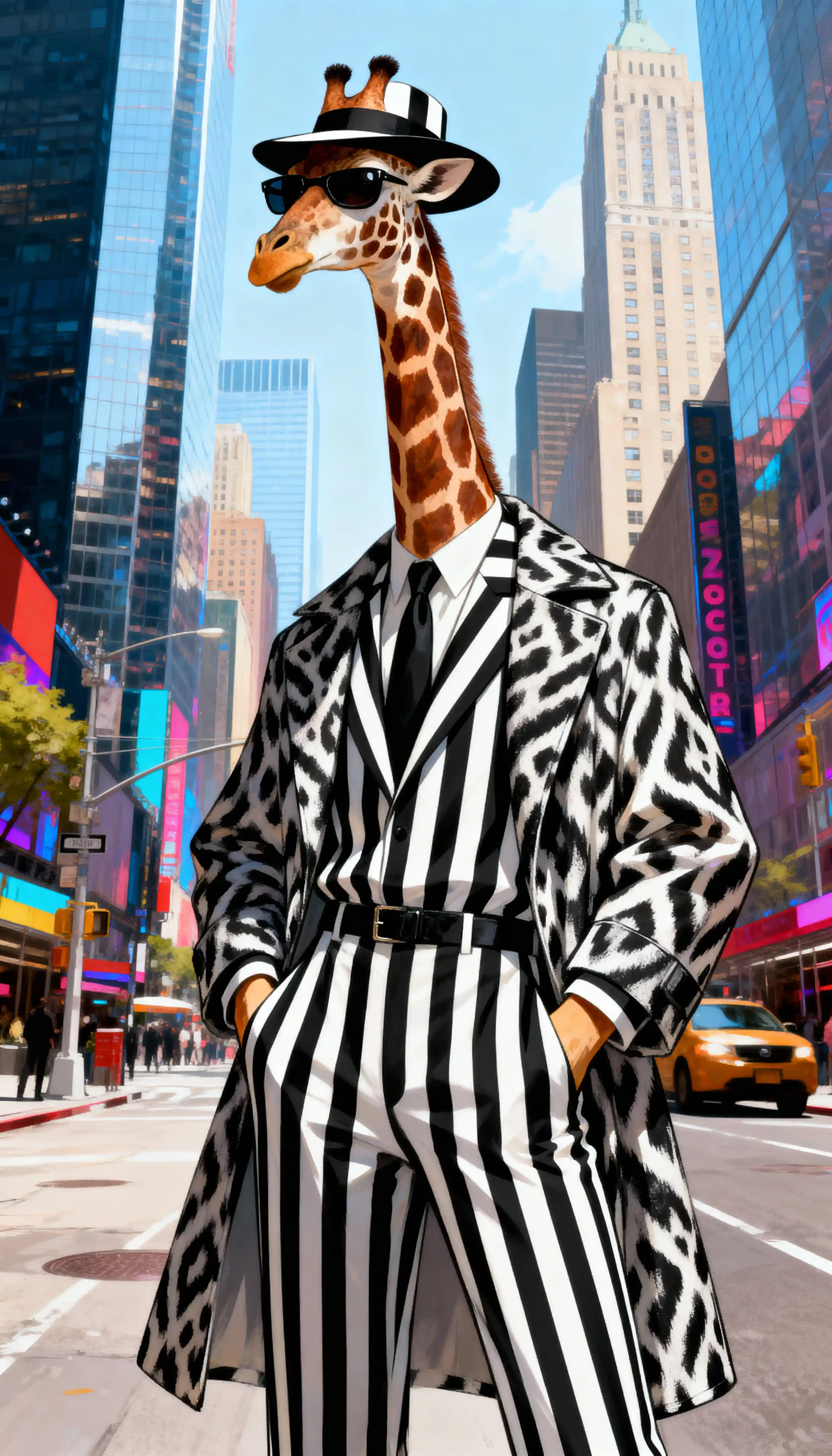 Elegante girafa antropomórfica com listras na cidade