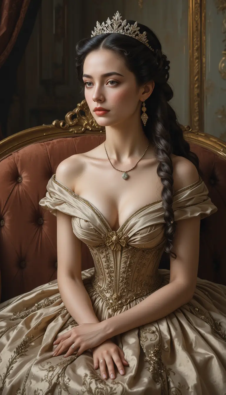 Elegant duchess of Savoy seated on a velvet couch