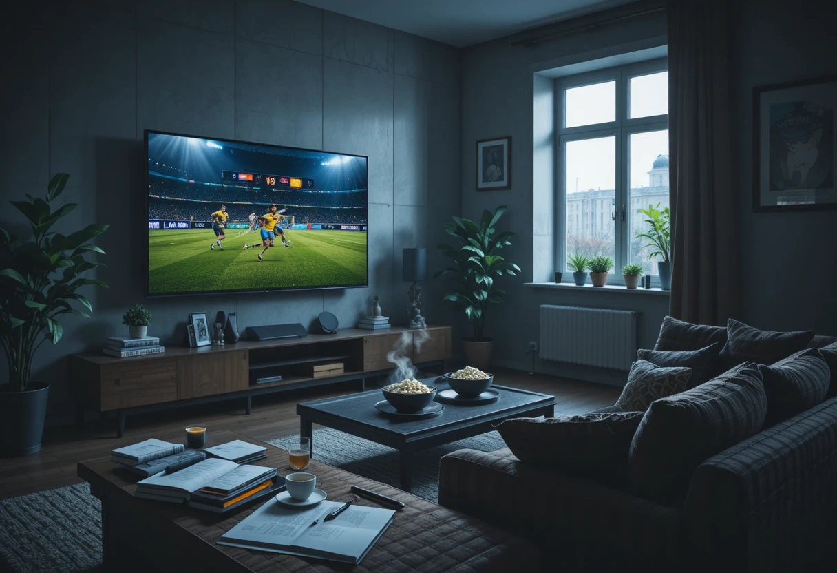 Soggiorno accogliente con bagliore della TV e delicati dettagli creativi