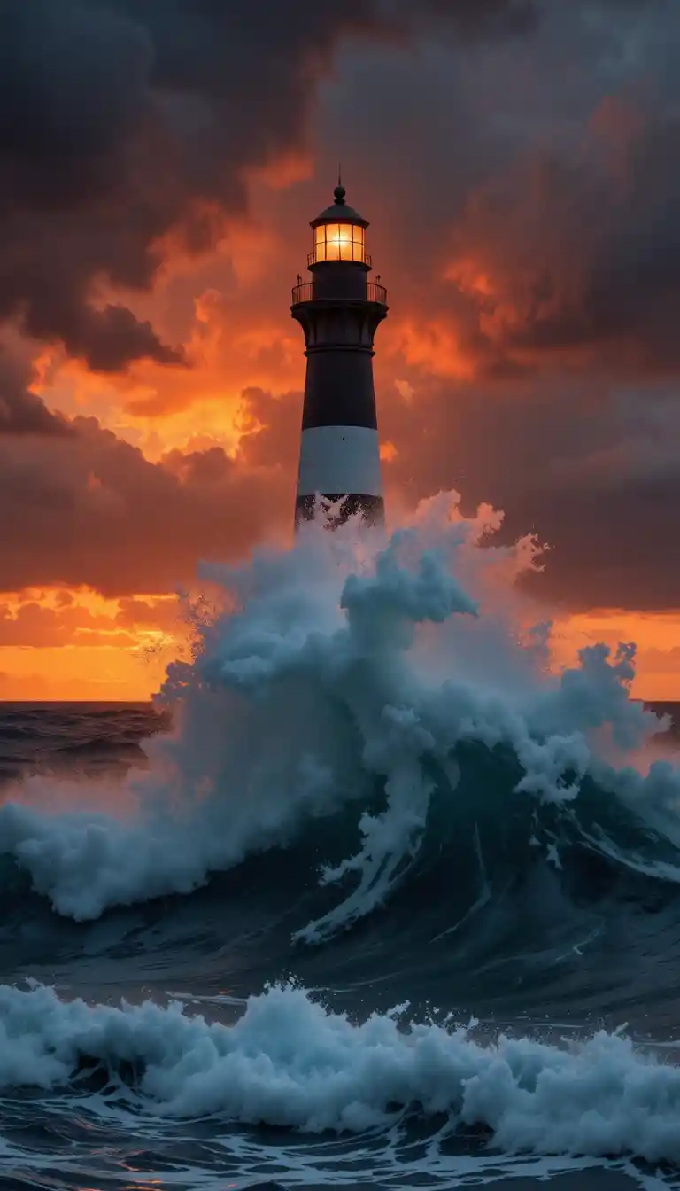 Farol dramático sobre mar tempestuoso ao pôr do sol dourado
