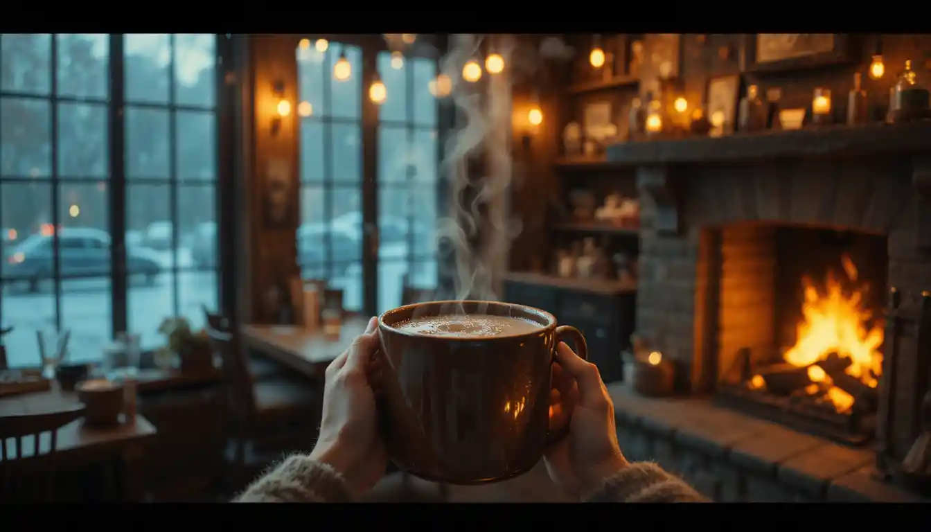 Gemütliches Café: Hände halten dampfende Tasse am Kamin