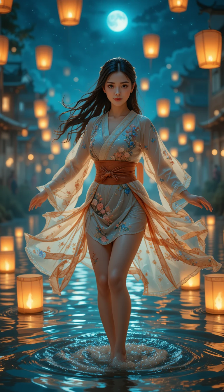 Femme d’anime dansant dans une rivière éclairée par des lanternes la nuit